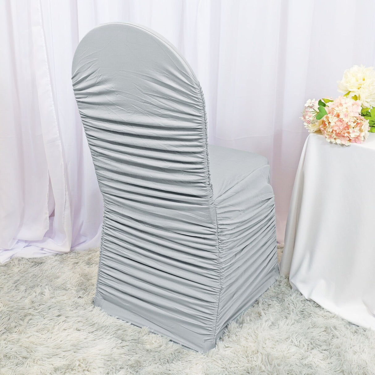 1 Piece Silver Rouge Spandex Chair Cover, Ruffled Stretch Fit for Banquet Seating