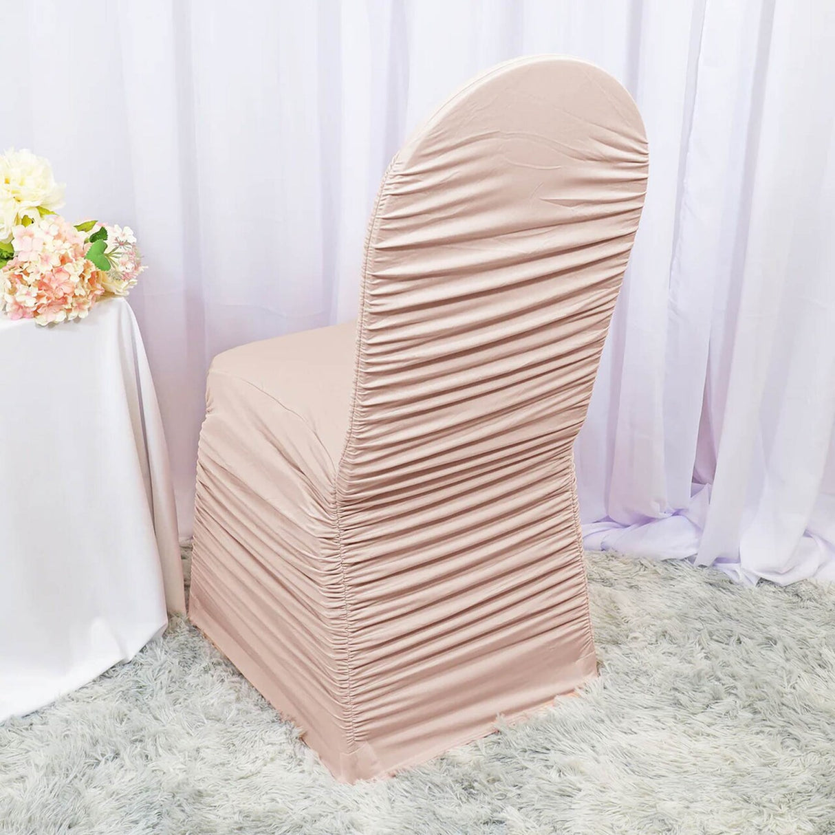1 Piece Blush Pink & Rose Ruffle Chair Cover Rouge Spandex Banquet Style