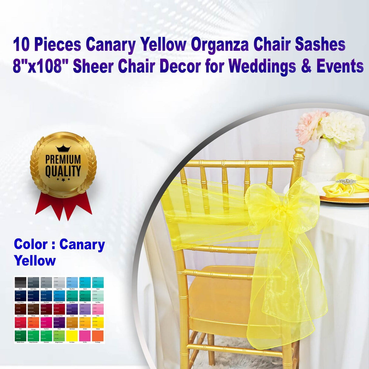 10 Pieces Canary Yellow Organza Chair Sashes 8"x108" Sheer Chair Decor for Weddings & Events
