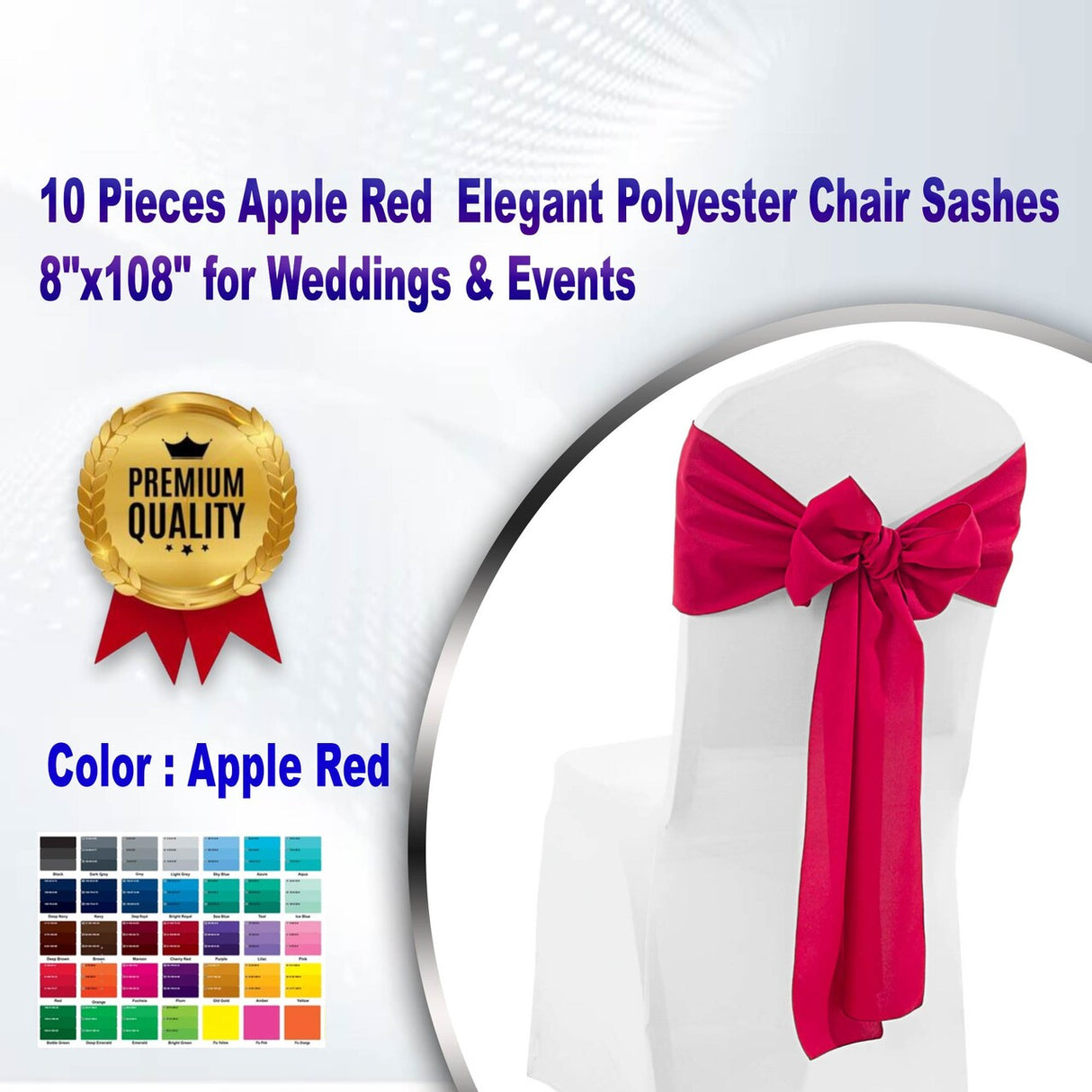 10 Pieces Apple Red Elegant Polyester Chair Sashes 8"x108" for Weddings & Events