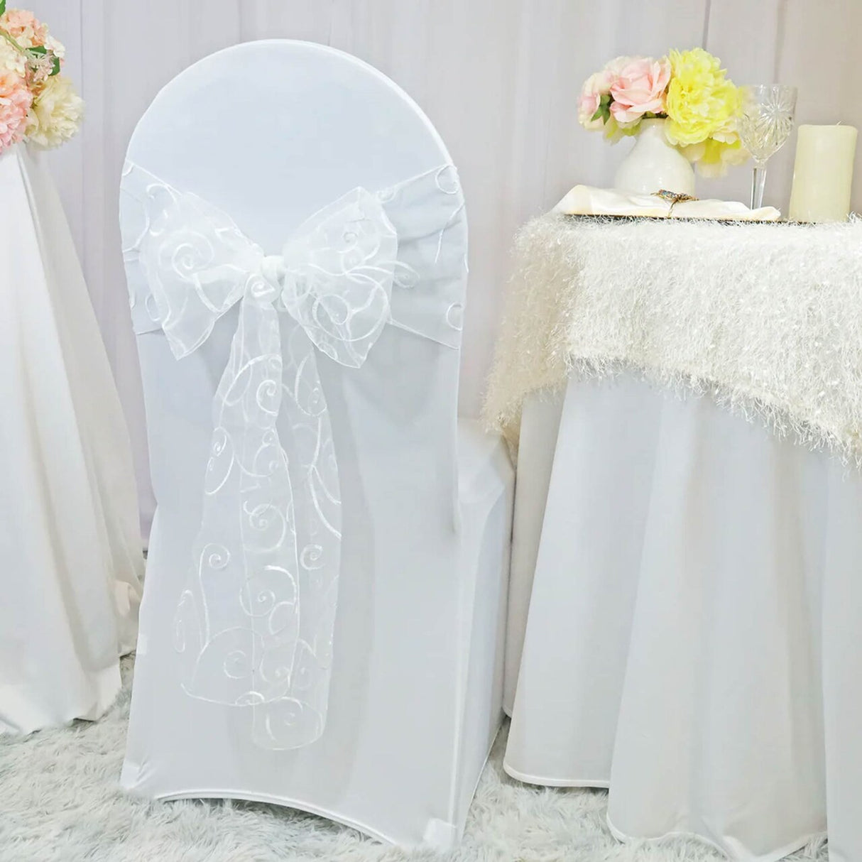 10 Pieces White Embroidered Organza Chair Sashes Elegant Sheer Wedding Decor Wraps 8"x108"