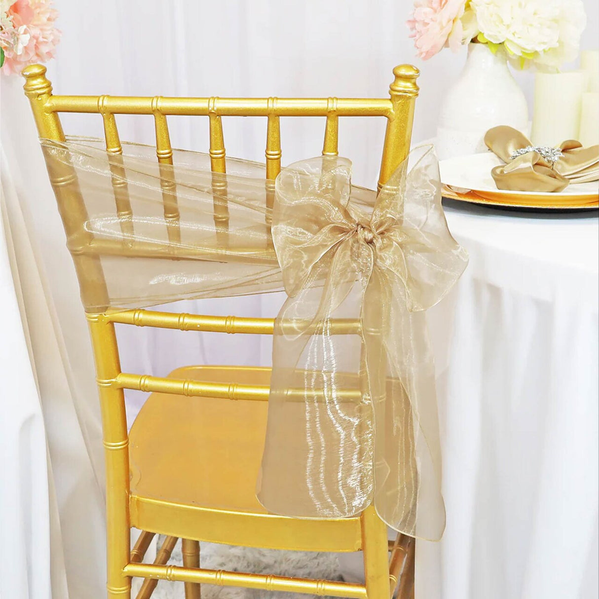 10 Pieces Champagne Organza Chair Sashes 8"x108" Sheer Elegant Chair Decor for Weddings & Events