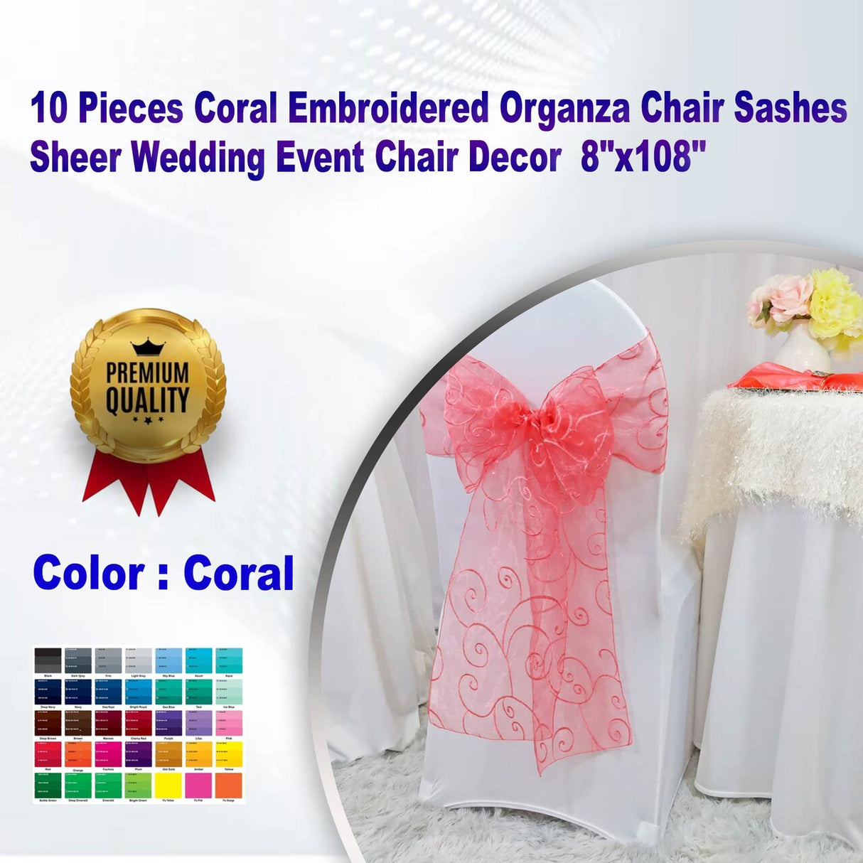 10 Pieces Coral Embroidered Organza Chair Sashes Sheer Wedding Event Chair Decor 8"x108"