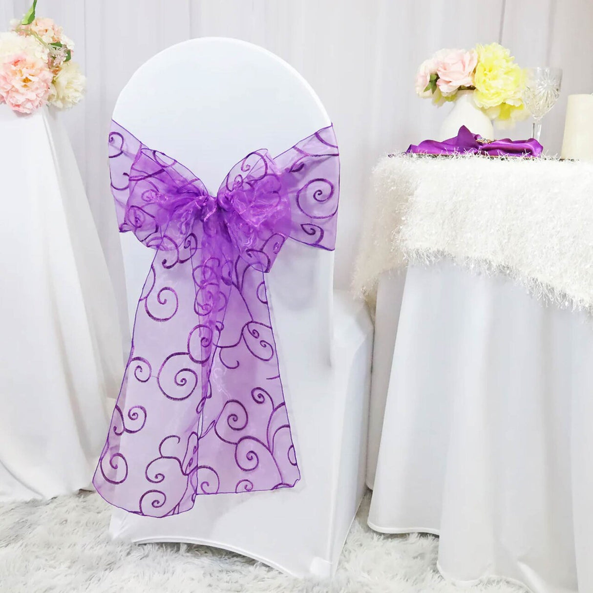 10 Pieces Purple Embroidered Organza Chair Sashes 8"x108" Elegant Event Chair Accessories