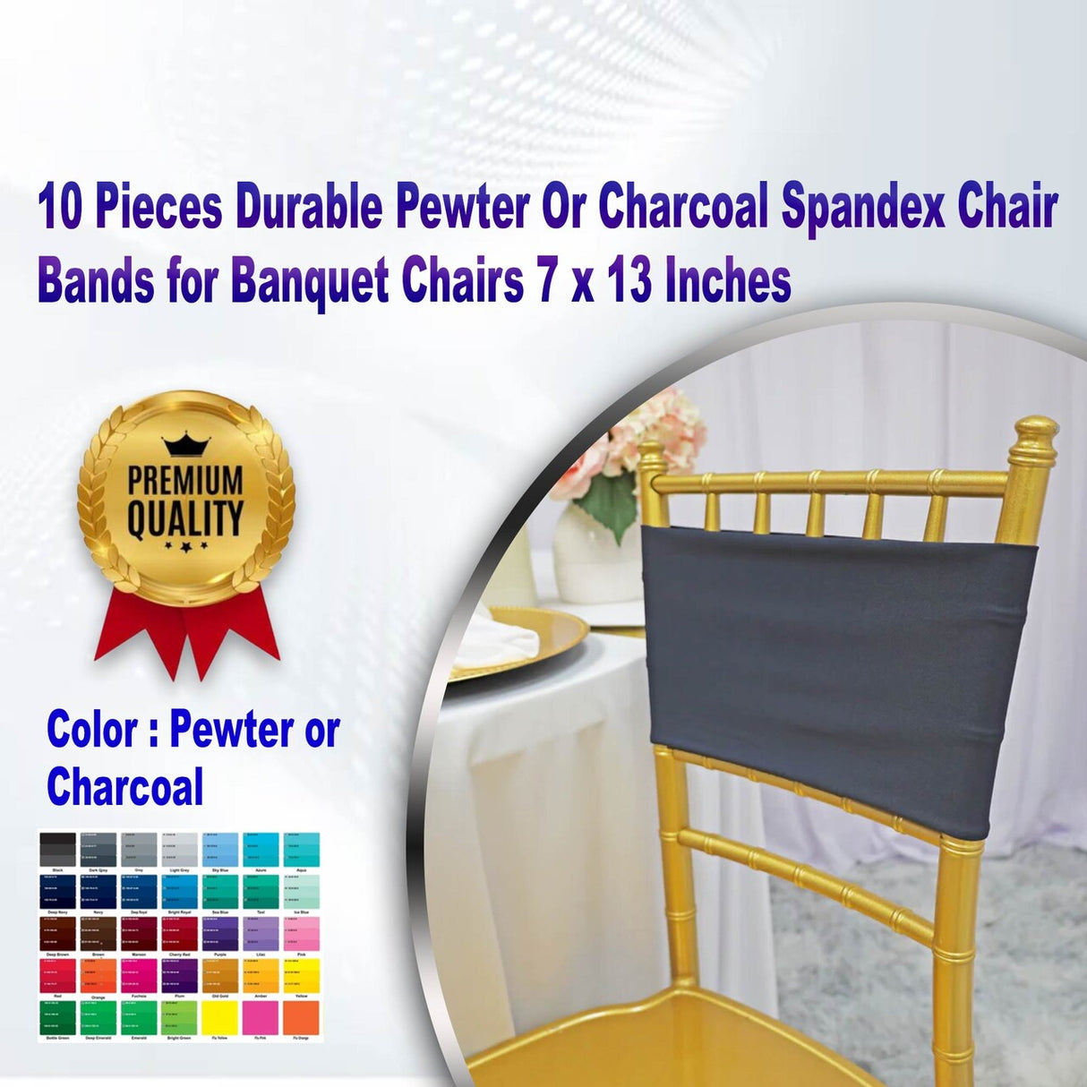 10 Pieces Durable Pewter Or Charcoal Spandex Chair Bands for Banquet Chairs 7 x 13 Inches