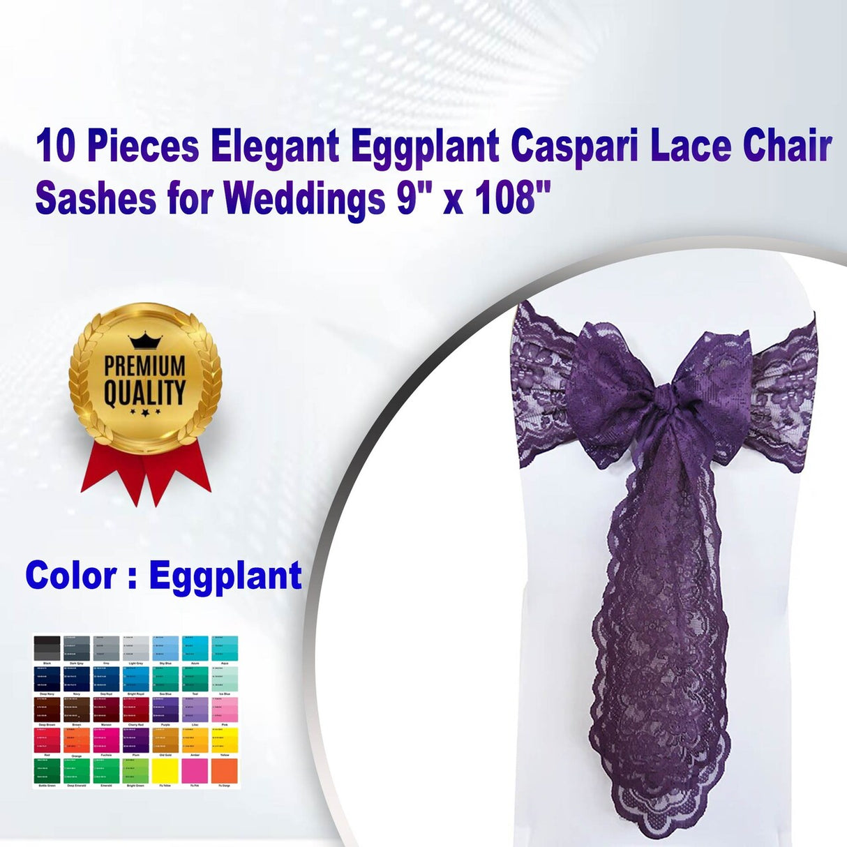 10 Pieces Elegant Eggplant Caspari Lace Chair Sashes for Weddings 9" x 108"