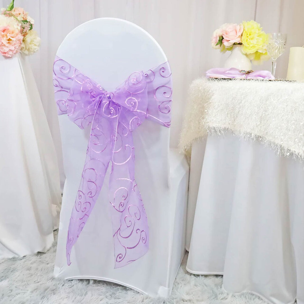 10 Pieces Lavender Embroidered Organza Chair Sashes Sheer Decorative Wedding Chair Bows 8"x108"