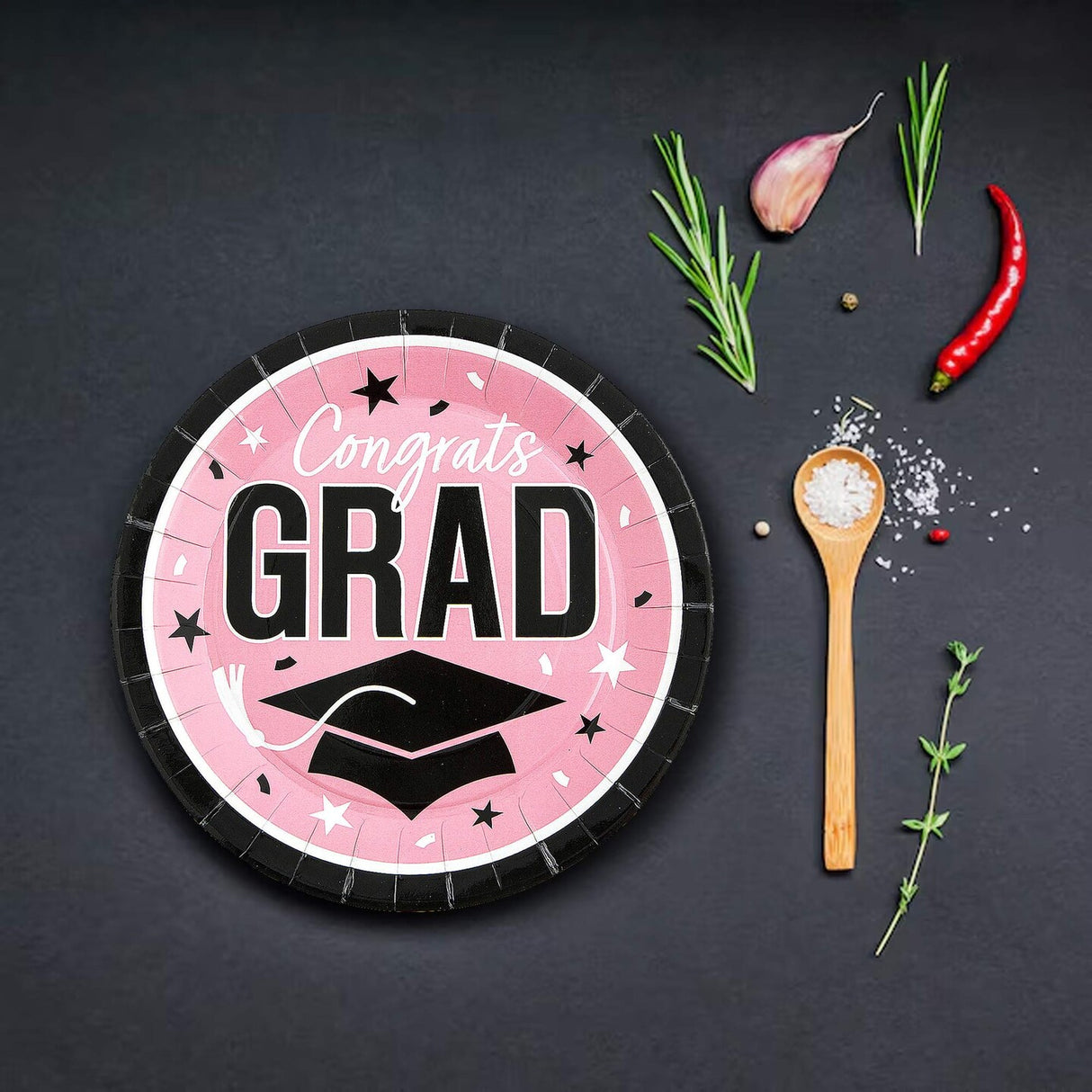 25 Count Pink Congrats Grad Round Paper Plates 9 Inch for Stylish Graduation Parties