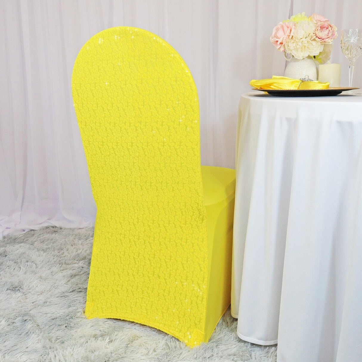 1 Piece Canary Yellow Sequin Spandex Chair Cover Stretch Fit Banquet Style