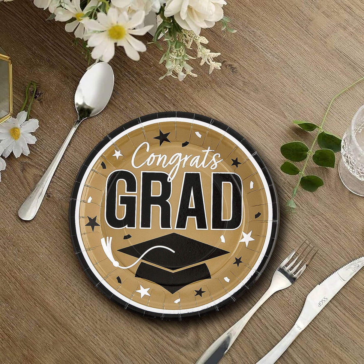 25 Count Gold Congrats Grad Paper Plates 9 Inch Round Dinnerware for Graduation Celebrations