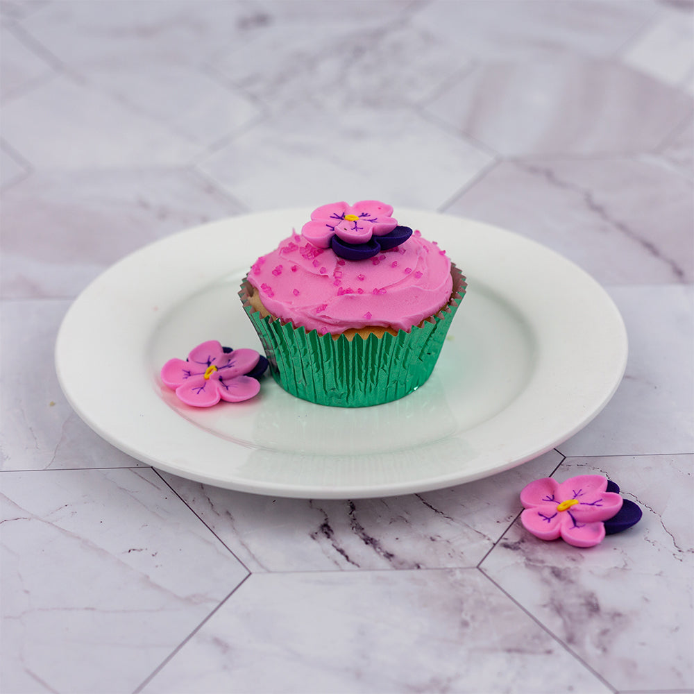 O'Creme Pink with Purple Pansy Royal Icing Flowers, Set of 16