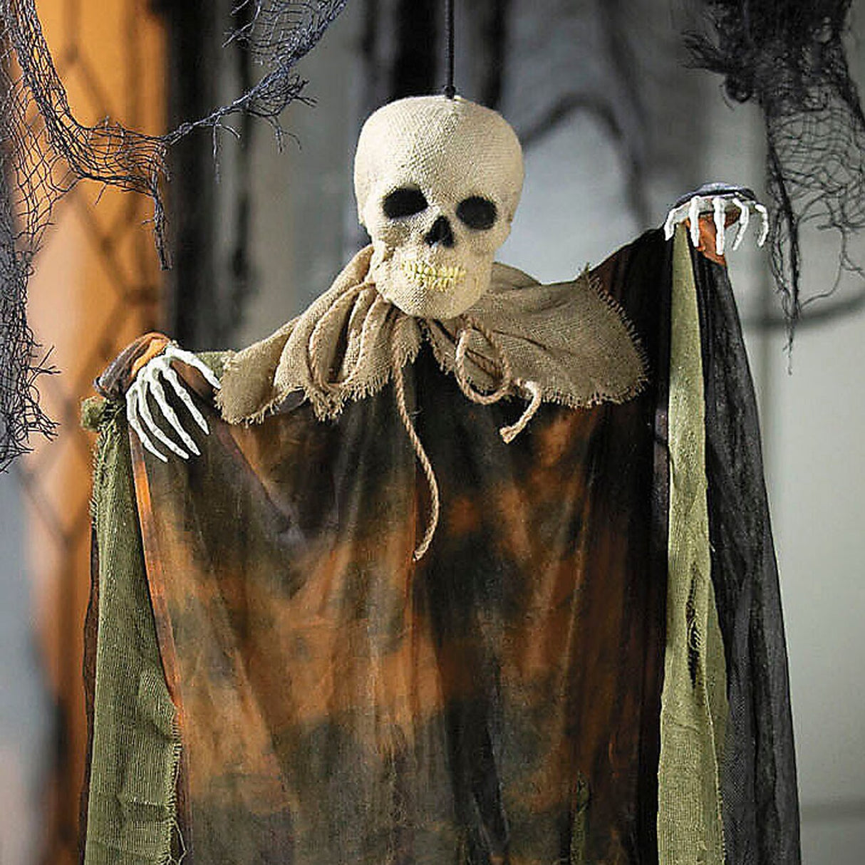 29 1/2" Hanging Pumpkin Man with Burlap Skeleton Head Halloween Decoration