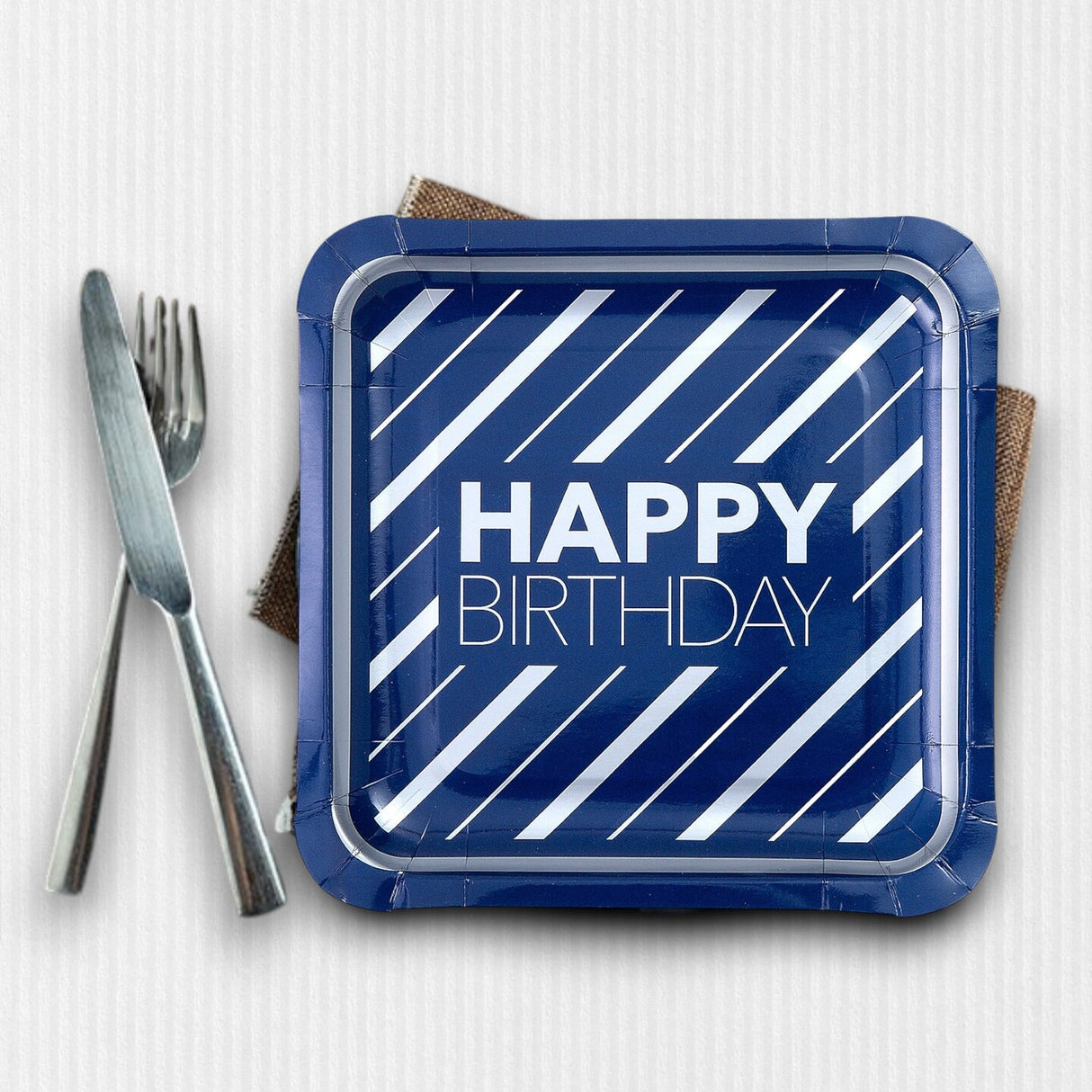 8 Count Happy Birthday Blue & Silver Square Paper Dinner Plates 9.25" Stylish Disposable Party Plates