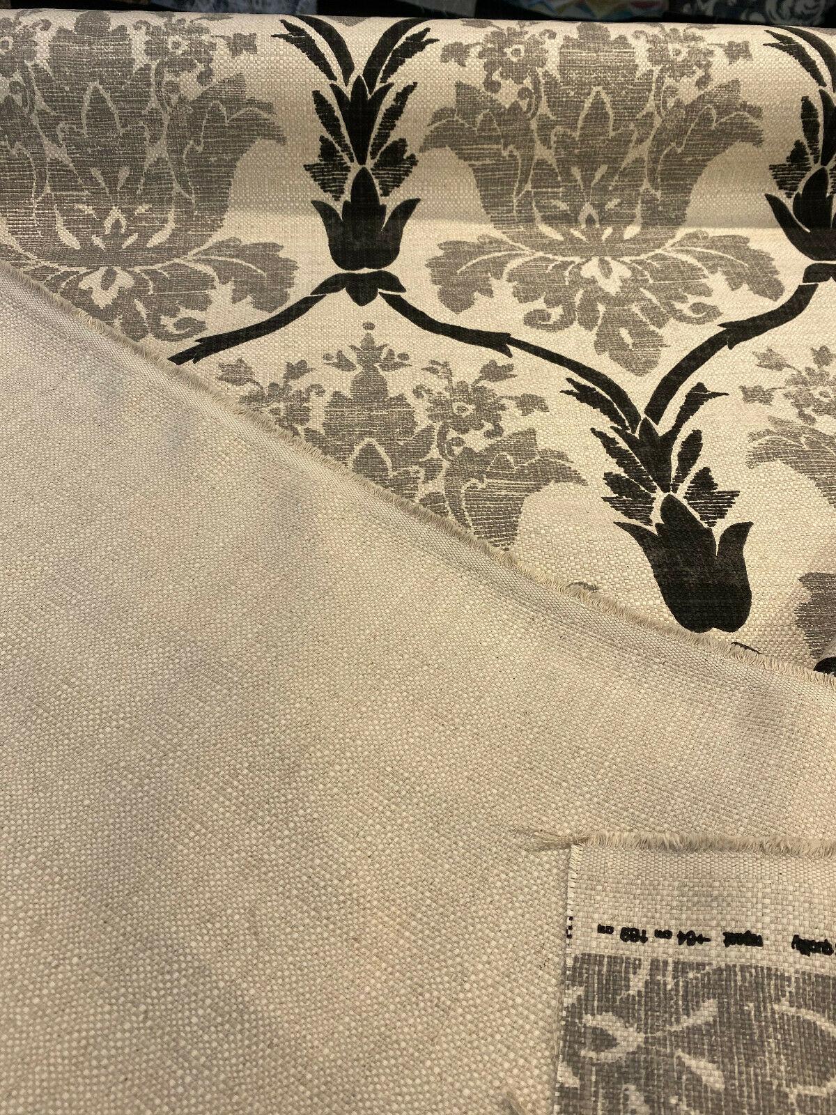 Lyra Linen Teflon Fabric - Black Gray Damask, 57" Width (1 Yard)