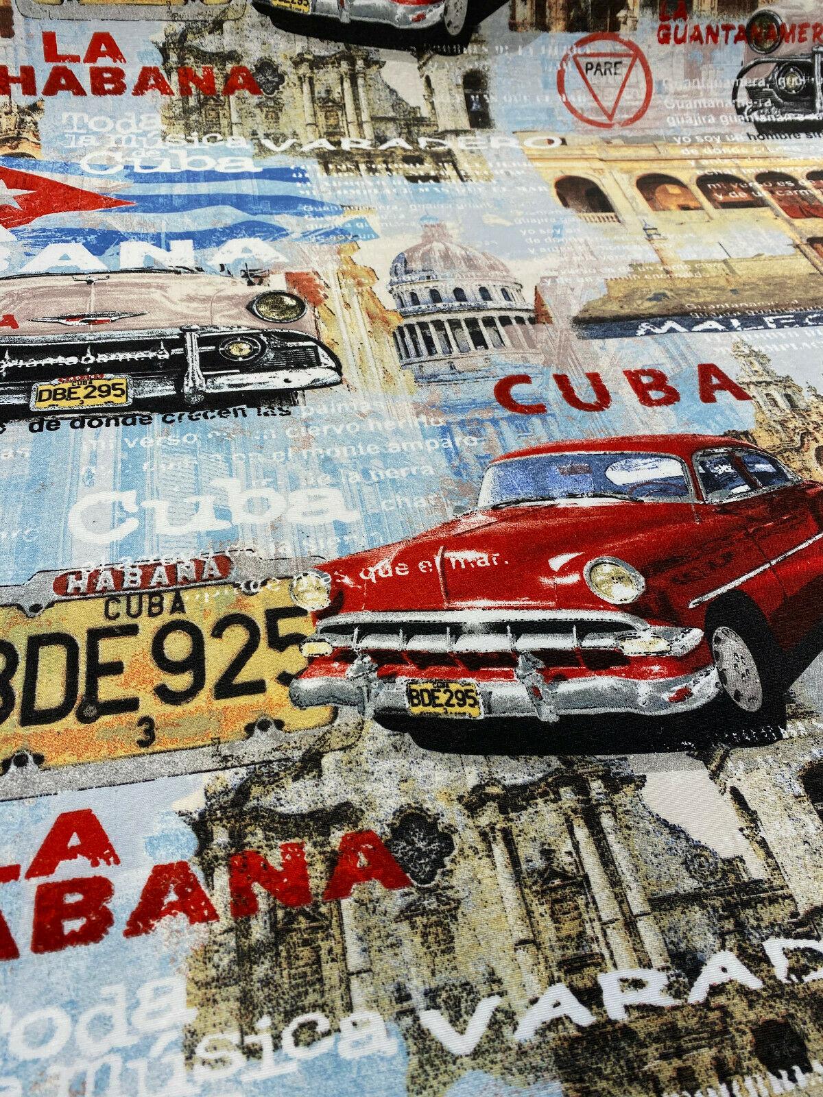 Cuba La Habana Musica Cotton Duck Fabric - Beige, Blue, Red, White, Black, Yellow, Gold Print, 54" Width (1 Yard)