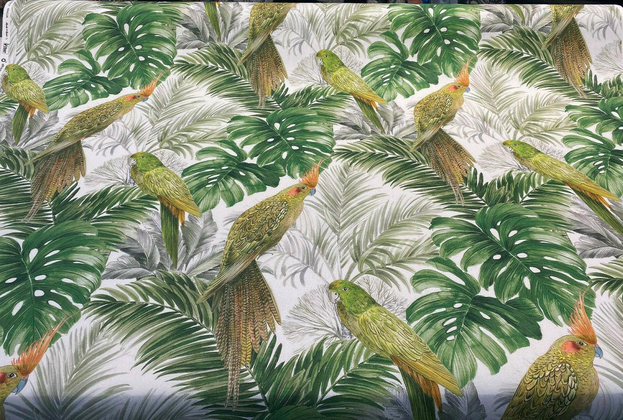 Aracua Birds Floral Green Branches Cotton Fabric - Green, Floral Birds And Branches, 54" Width (1 Yard)