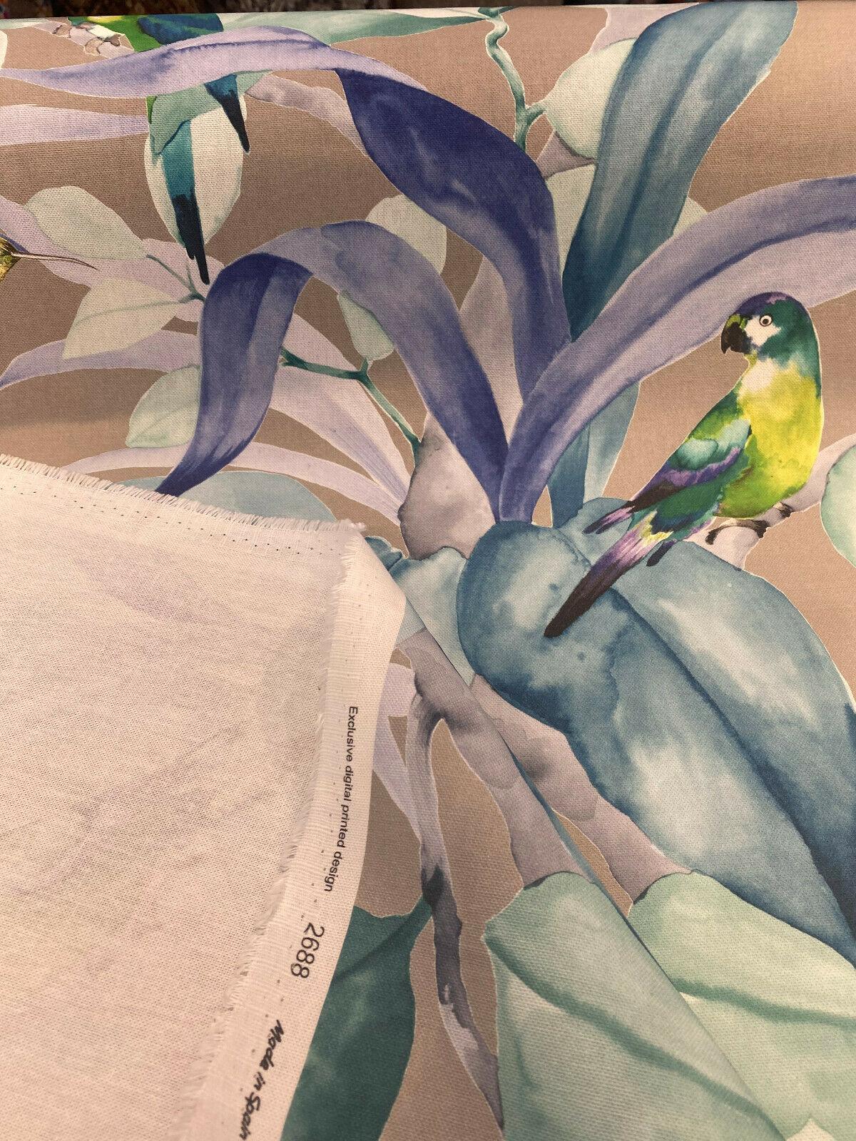Green Birds Blue Floral Branches 100 Percent Cotton Fabric - Blue, Gray Floral Branches, 54" Width (1 Yard)