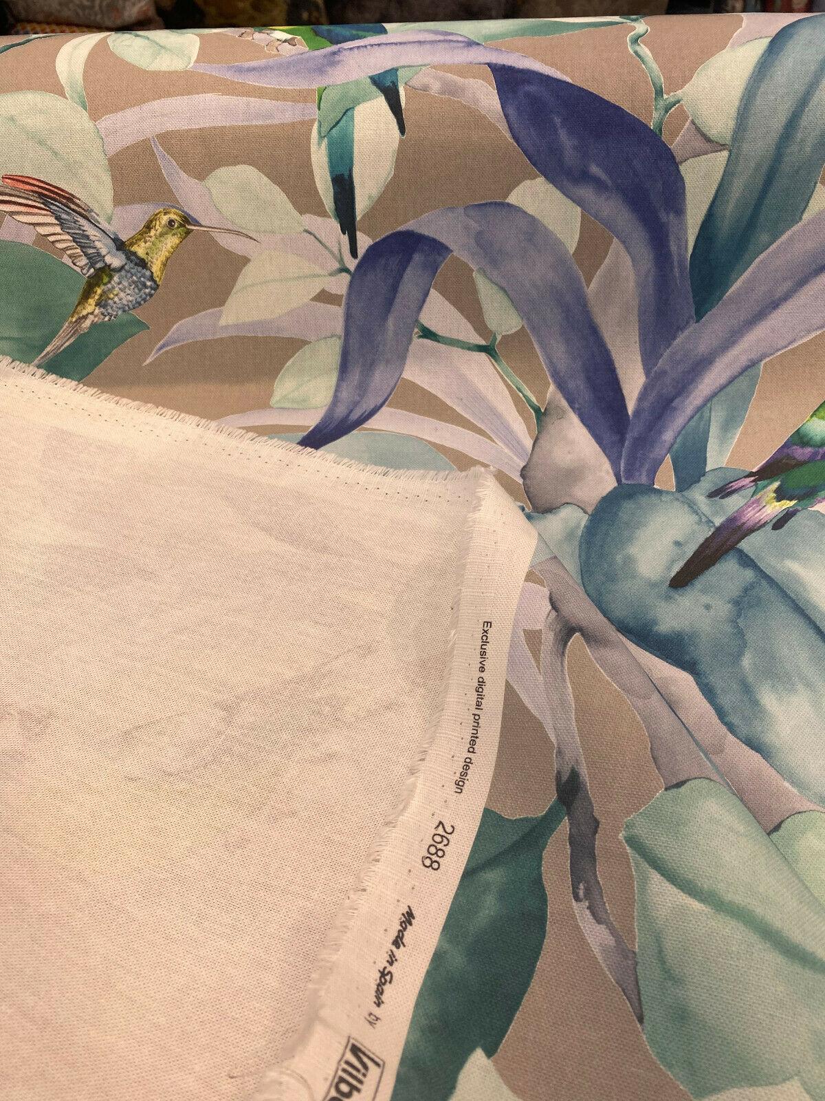 Green Birds Blue Floral Branches 100 Percent Cotton Fabric - Blue, Gray Floral Branches, 54" Width (1 Yard)