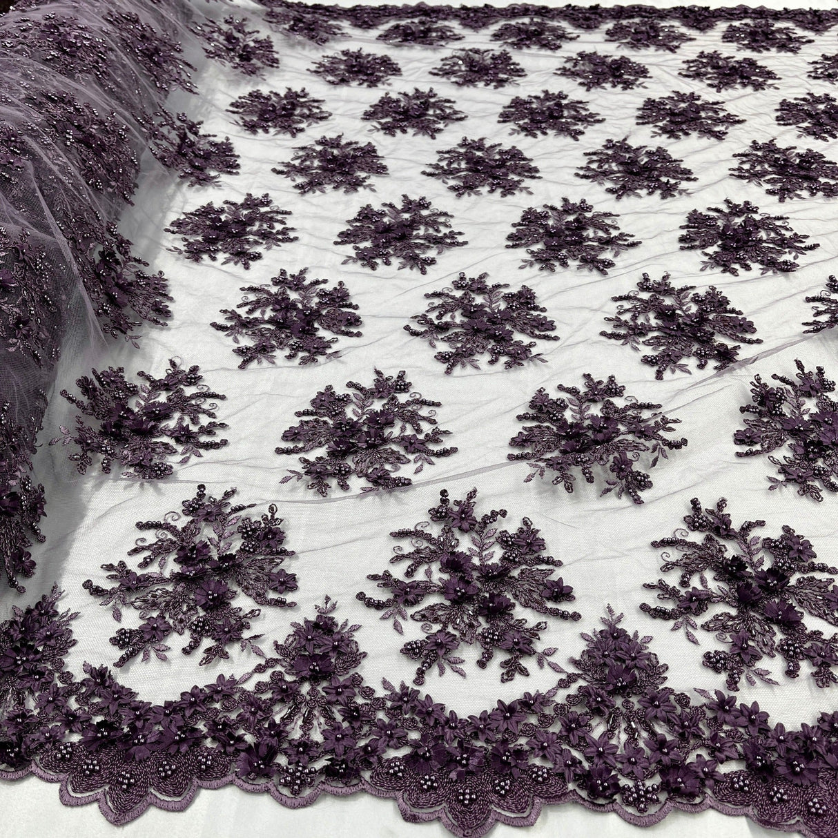 Beaded 3D Floral Lace Fabric