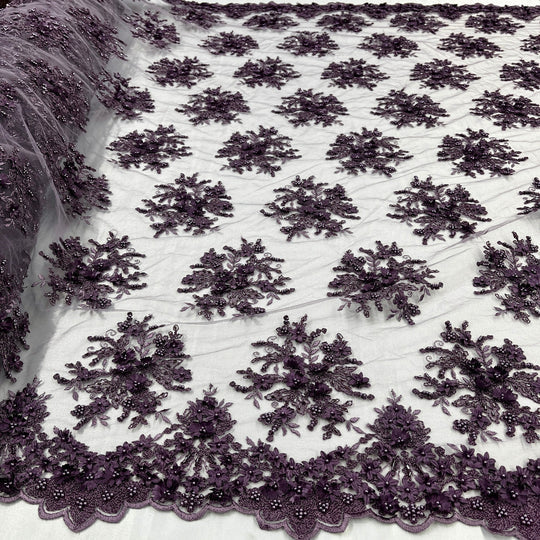 1 Yard Beaded 3D Floral Lace Fabric Embroidered 100 Percent Polyester Net Mesh 50 inch Width