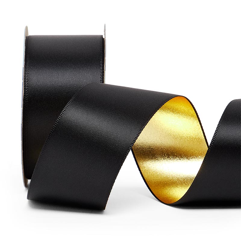 Satin/Metallic Back Ribbon 1 1/2 '' X 10 yd Black / Gold Color 1 / roll