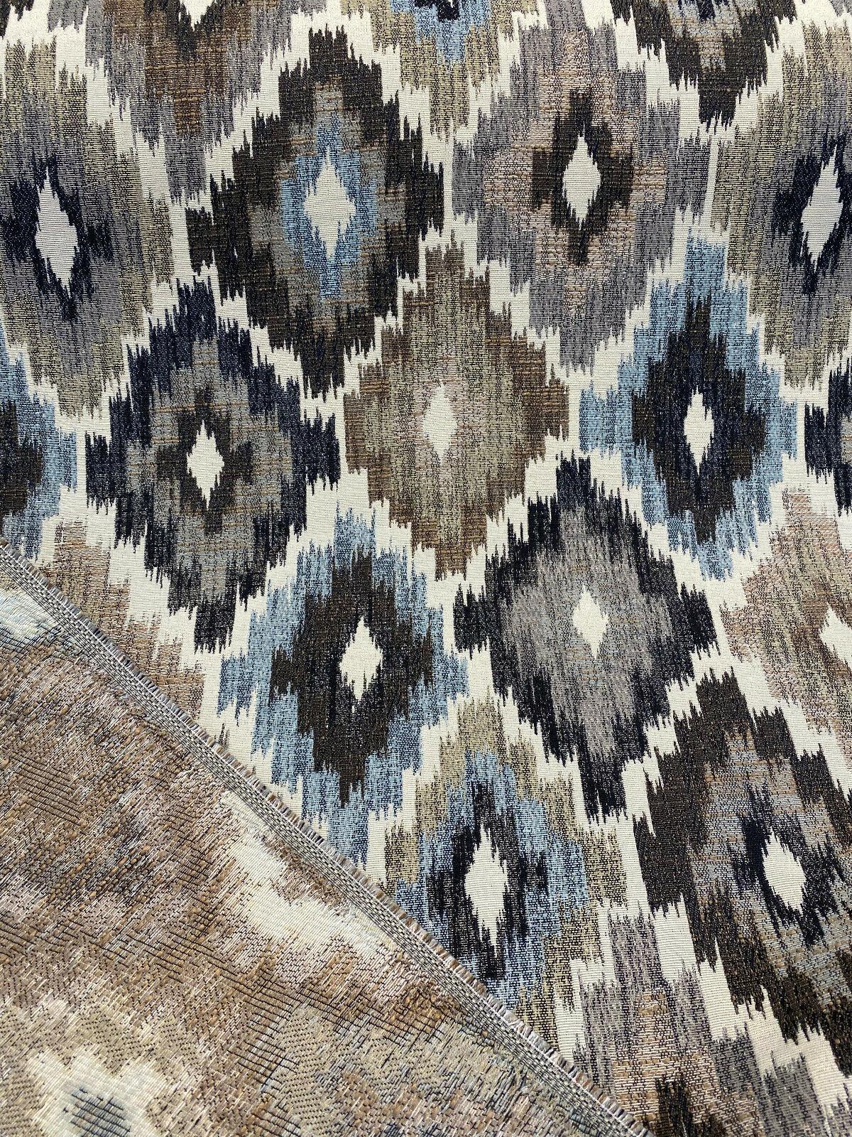 Conquest Chenille Upholstery Fabric - Brown/Blue Ikat, 56" Width (1 Yard)