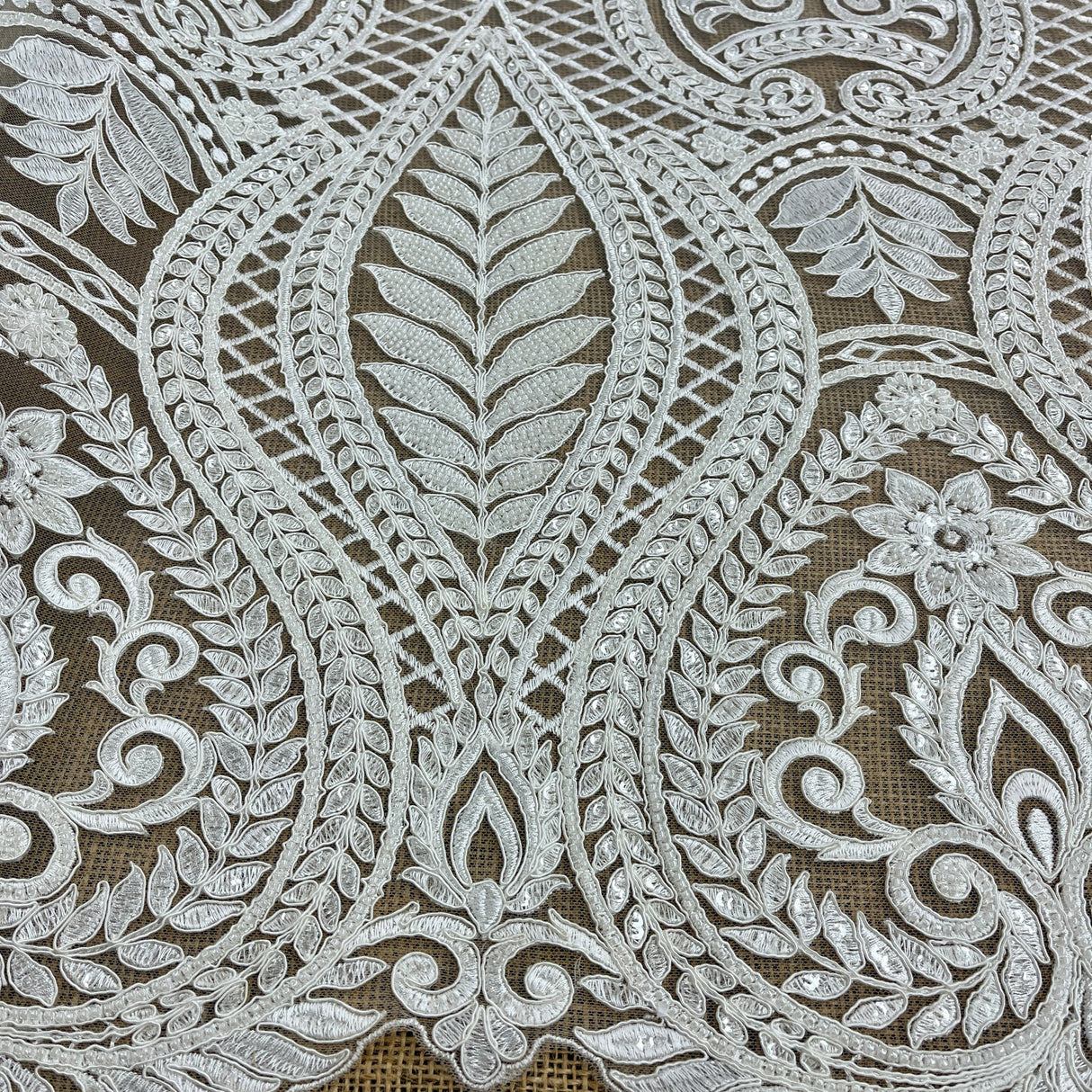 1 Yard Luxurious Beaded & Corded Bridal Lace Fabric Embroidered on Polyester Net Mesh 52” Wide