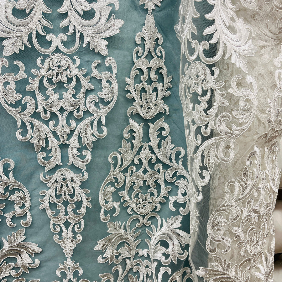 1 Yard Ivory Beaded and Corded Lace Fabric Embroidered on Polyester Net Mesh 51 Inch Width