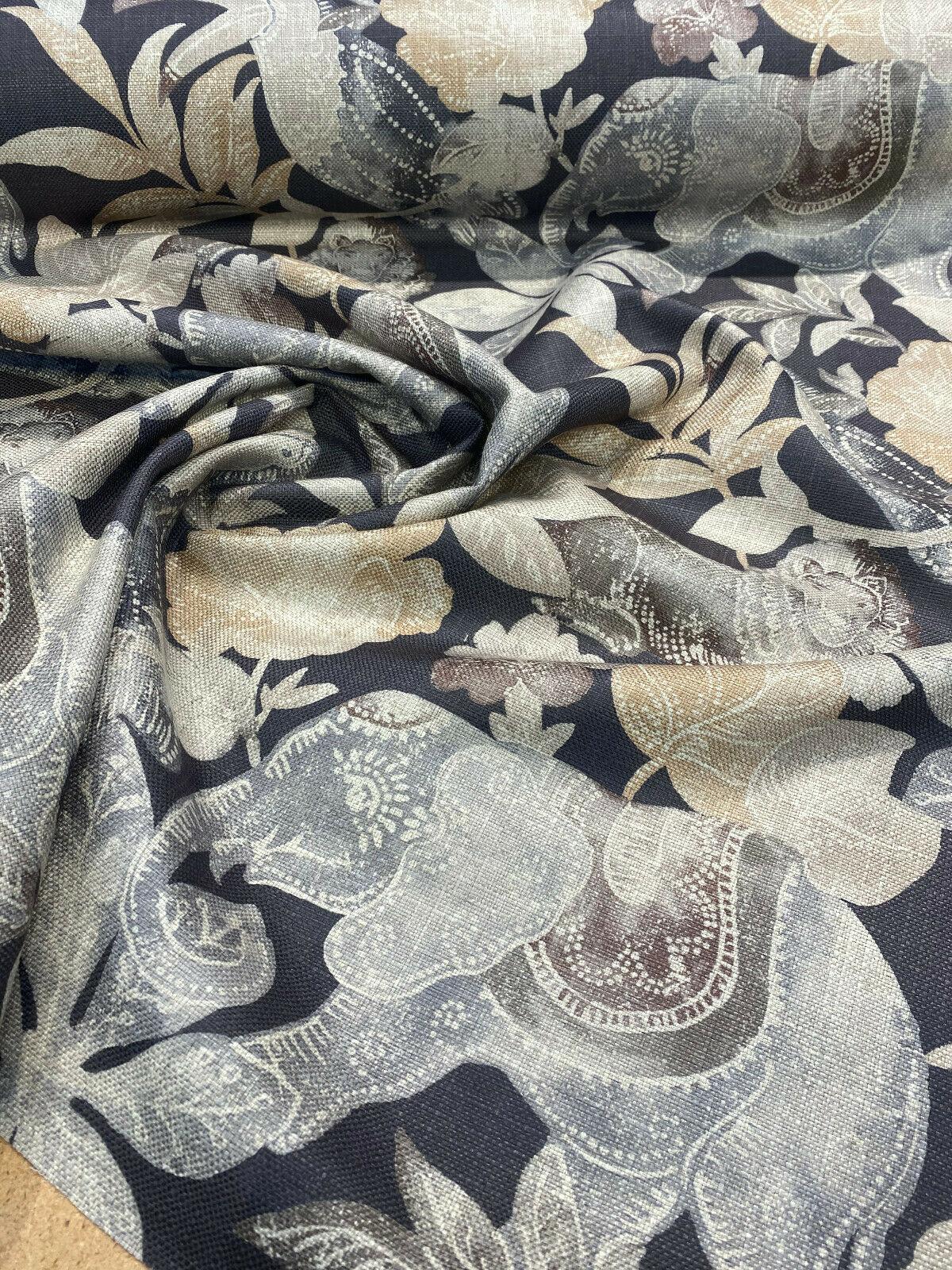 Babar Charcoal Elephant Printed Polyester Fabric - Charcoal Elephant Print, 56" Width (1 Yard)