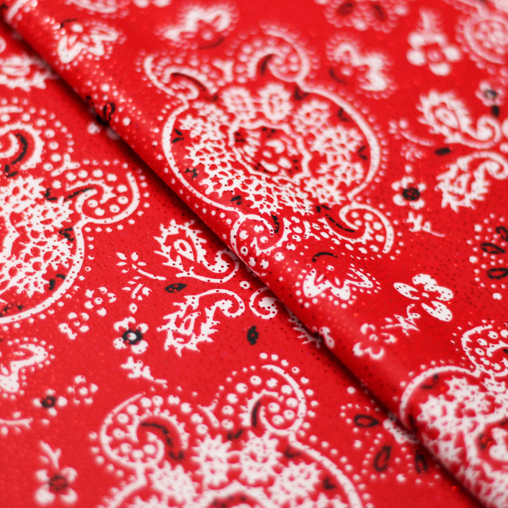 Bandana Poly Spandex Fabric - Beige/Red Paisley, 58/60" Width (1 Yard)