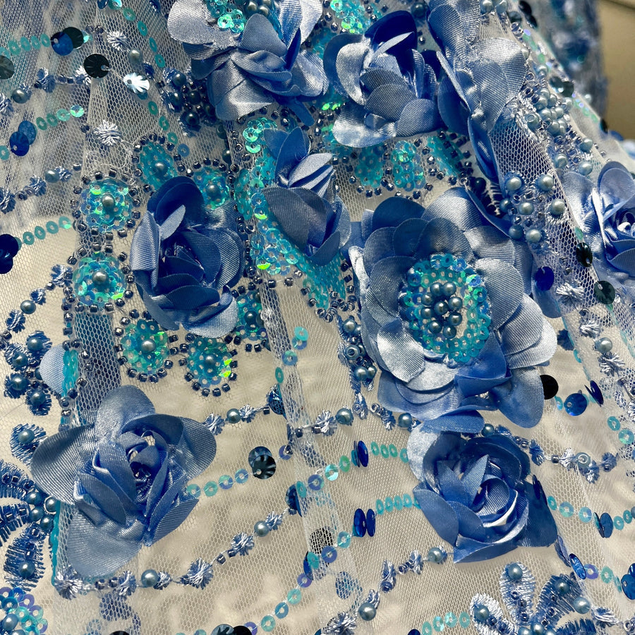 1 Yard Sparkling Beaded 3D Floral Lace Fabric White