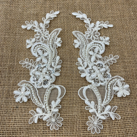 1 Pair Beaded & Corded Floral Lace Applique 9" x 2.5" Each Side