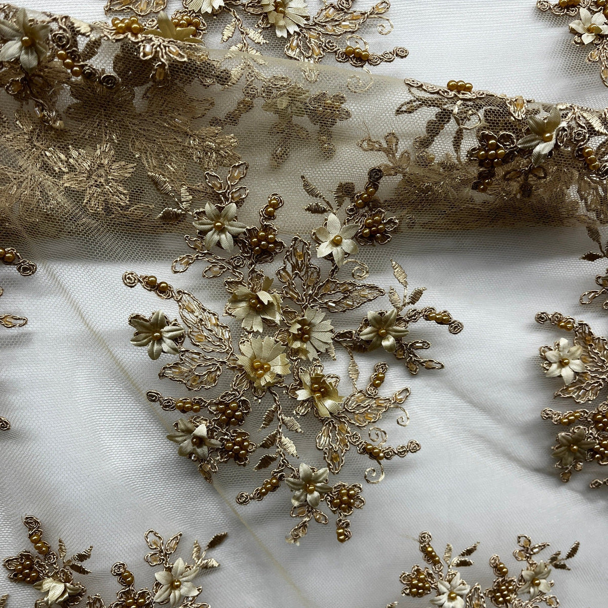 1 Yard Beaded 3D Floral Lace Fabric Embroidered on 100% Polyester Net Mesh 50" Wide