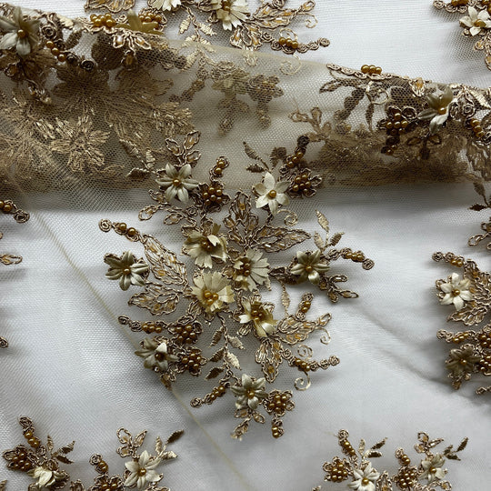 1 Yard Stunning Beaded 3D Floral Lace Fabric Embroidered on Polyester Net Mesh