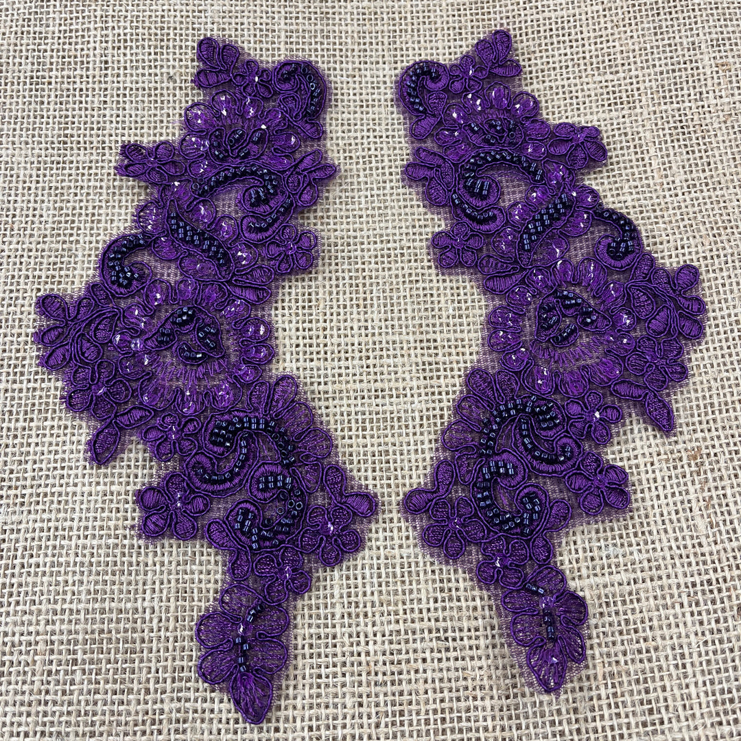 1 Pair 9" x 3" Each Side Beaded & Corded Floral Lace Applique Organza