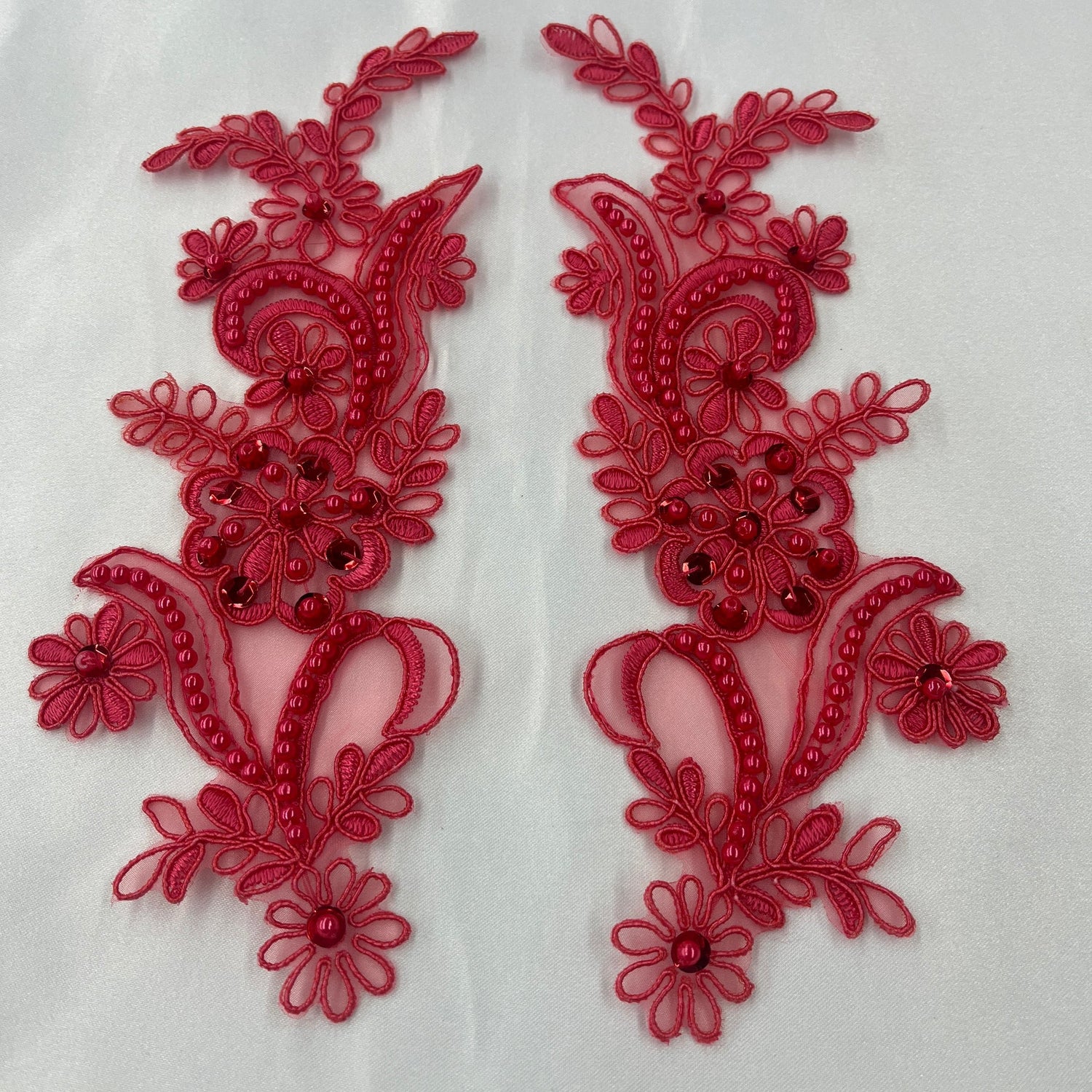 1 Pair Beaded & Corded Floral Lace Applique 9" x 2.5" Each Side