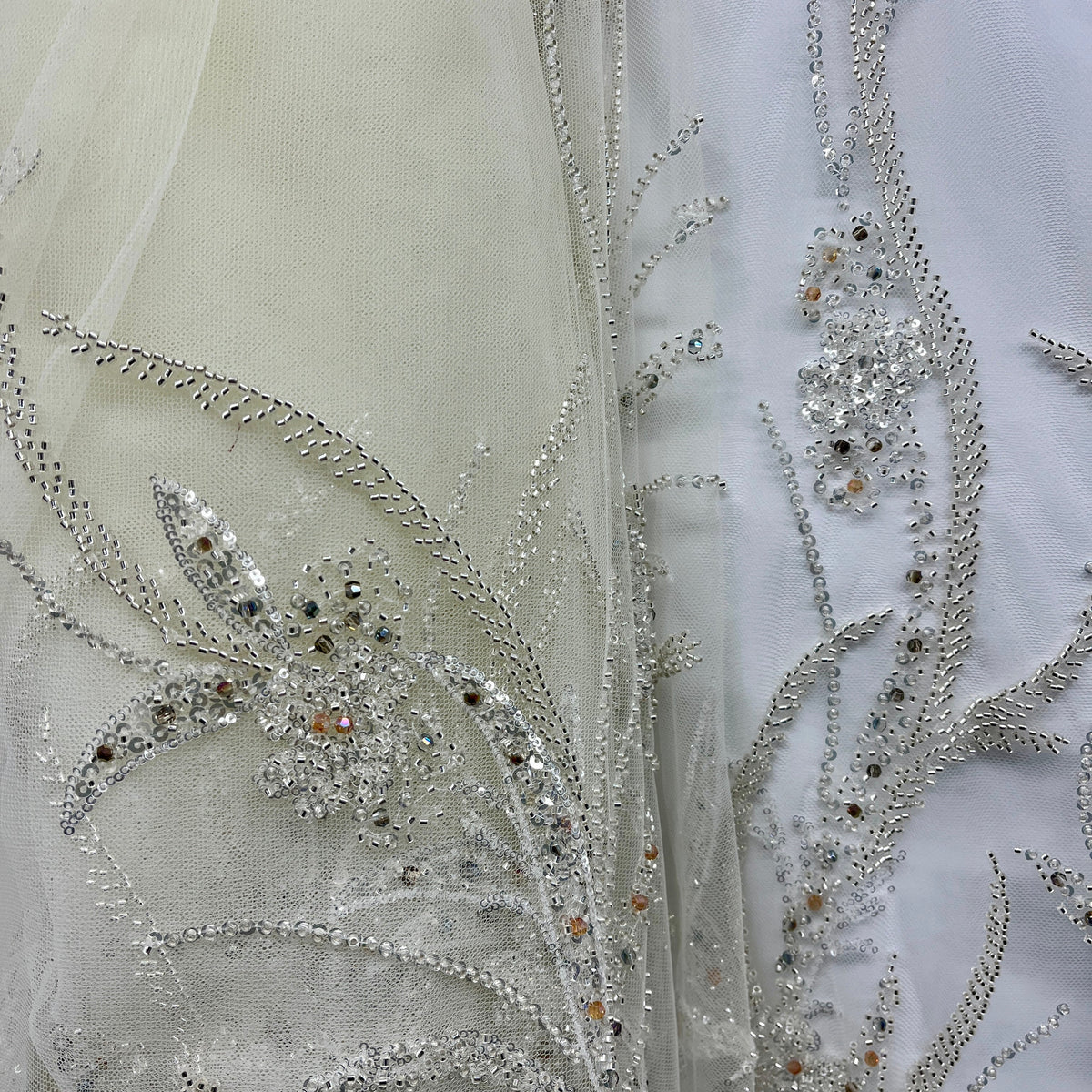 1 Yard Beaded Lace Fabric on 100% Polyester Net Mesh, Elegant Embroidered Textile