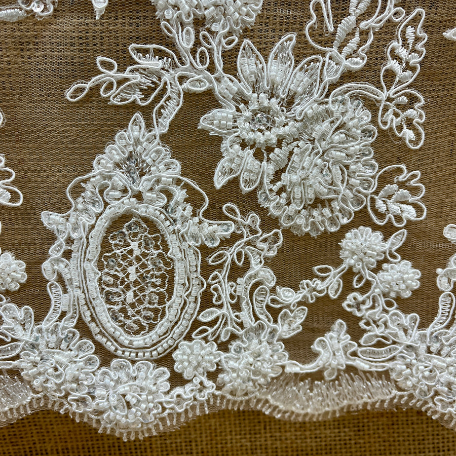 1 Yard Beaded & Corded Bridal Lace Fabric Embroidered on 100% Polyester Net Mesh