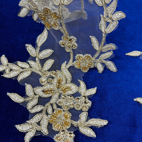 1 Pair 17" x 4.5" Beaded & Corded Floral Lace Applique 100% Polyester Net Mesh