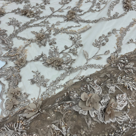 1 Yard Exquisite Beaded 3D Floral Lace Fabric Embroidered on Polyester Net Mesh