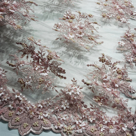 1 Yard Beaded 3D Floral Lace Fabric Embroidered on 100 Percent Polyester Net Mesh 50 Inch Width