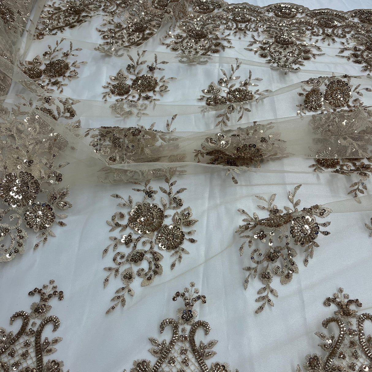Beaded Lace Fabric on Polyester Net Mesh 50"