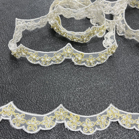 1 Yard Beaded & Corded Lace Trimming on Net Mesh | 1" Wide | Antique Silver | Elegant Embroidered Trim for Bridal, Formalwear & Costumes