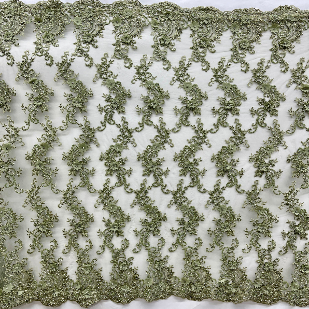 Beaded Floral Lace Fabric 3D Embroidered Net Mesh 52" Wide