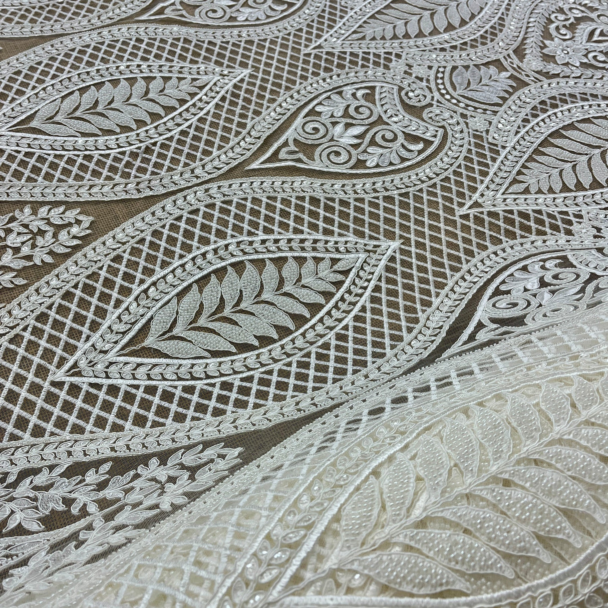 1 Yard Luxurious Beaded & Corded Bridal Lace Fabric Embroidered on Polyester Net Mesh 52” Wide