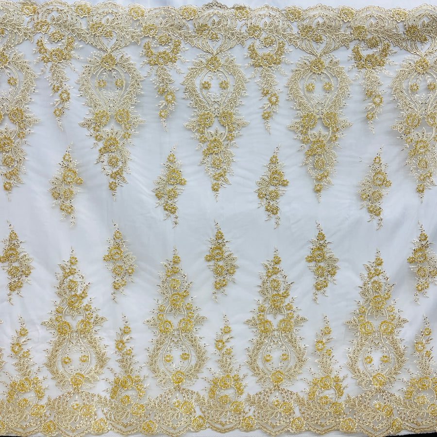 1 Yard Beaded and Corded Bridal Lace Fabric Embroidered on Polyester Net Mesh White and Ivory