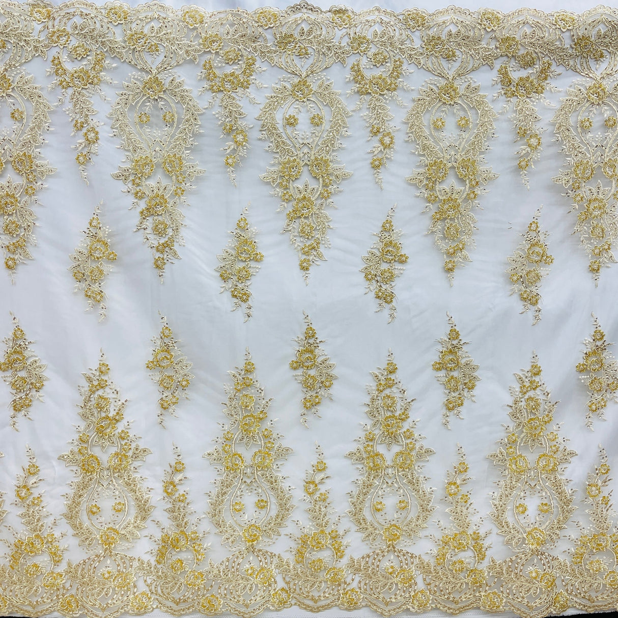 1 Yard White Beaded & Corded Bridal Lace Fabric, Embroidered Polyester Net Mesh, 54" Wide,