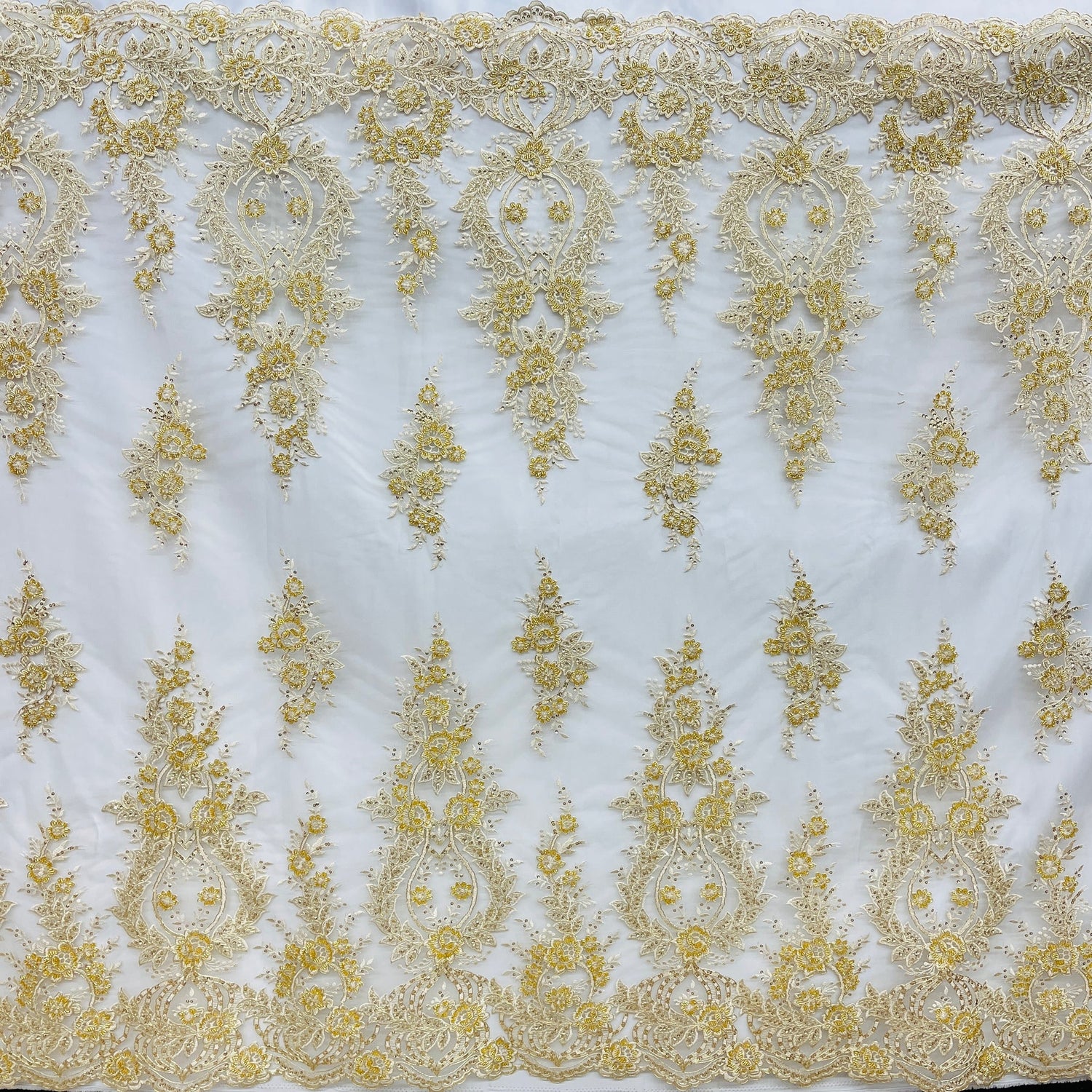 1 Yard Beaded Corded Bridal Lace Fabric Embroidered on Polyester Net Mesh Width 54 Inches