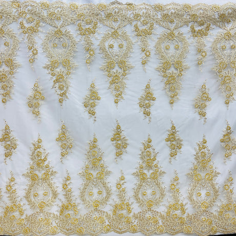 1 Yard Beaded & Corded Bridal Lace Fabric Embroidered on 100% Polyester Net Mesh