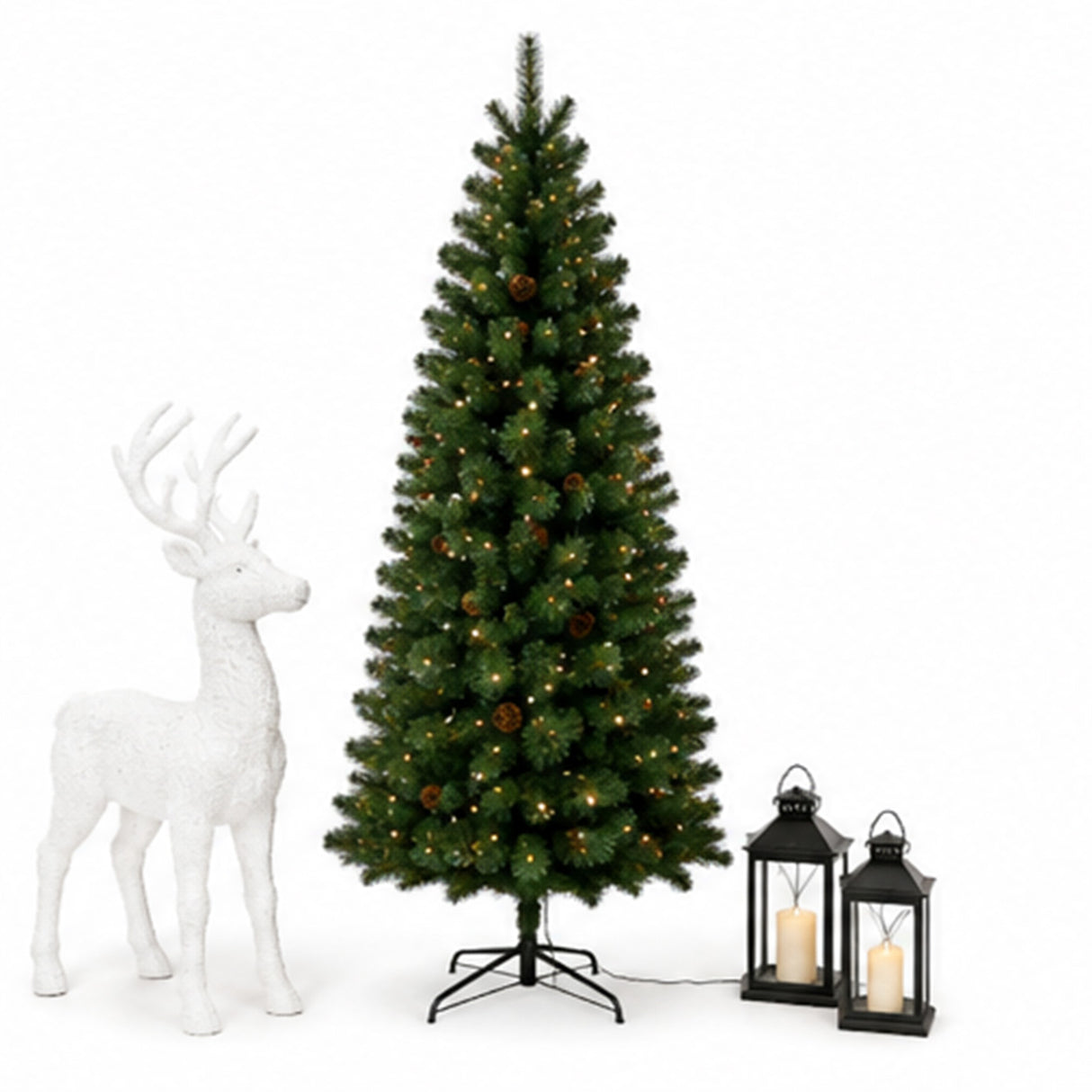 7.5FT Pre Lit Pencil Christmas Tree with Pinecones LED